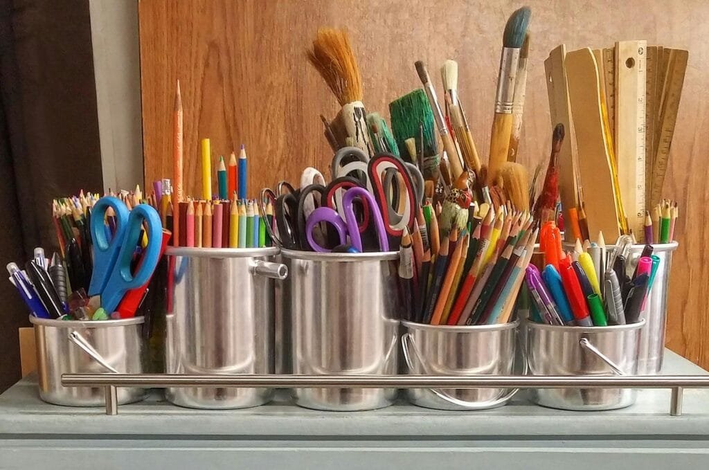 A diverse collection of art supplies available at every retreat for plenty of creative expression.