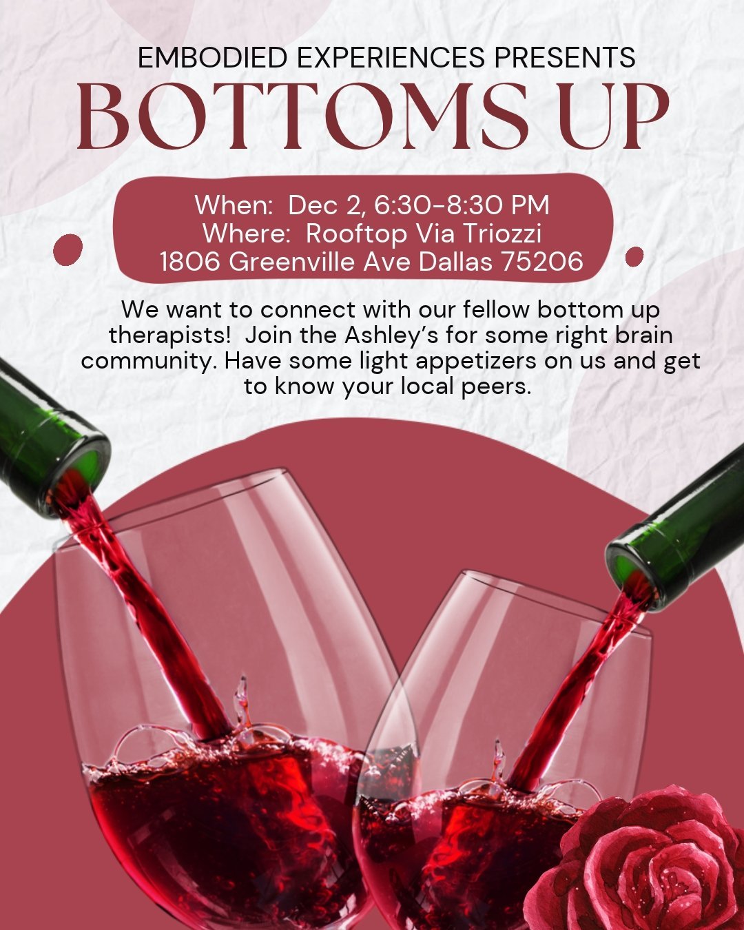 Bottoms Up therapist community happy hour flyer, Dec 2, 6:30-8:30 PM, Rooftop at Via Triozzi, Dallas